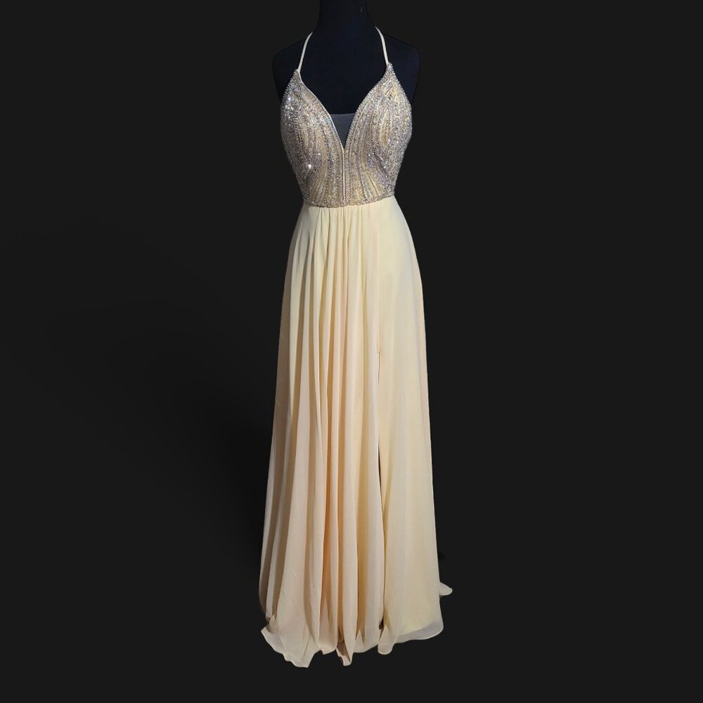 Faviana Pastel Yellow Halter Beaded A-line Lace-Up Chiffon Dress New with Tags - Picture 5 of 10